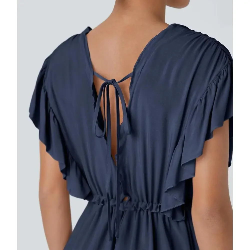 NWT Halara Deep V Neck Butterfly Sleeve Pocket Flowy Maxi Casual Dress Blue XL